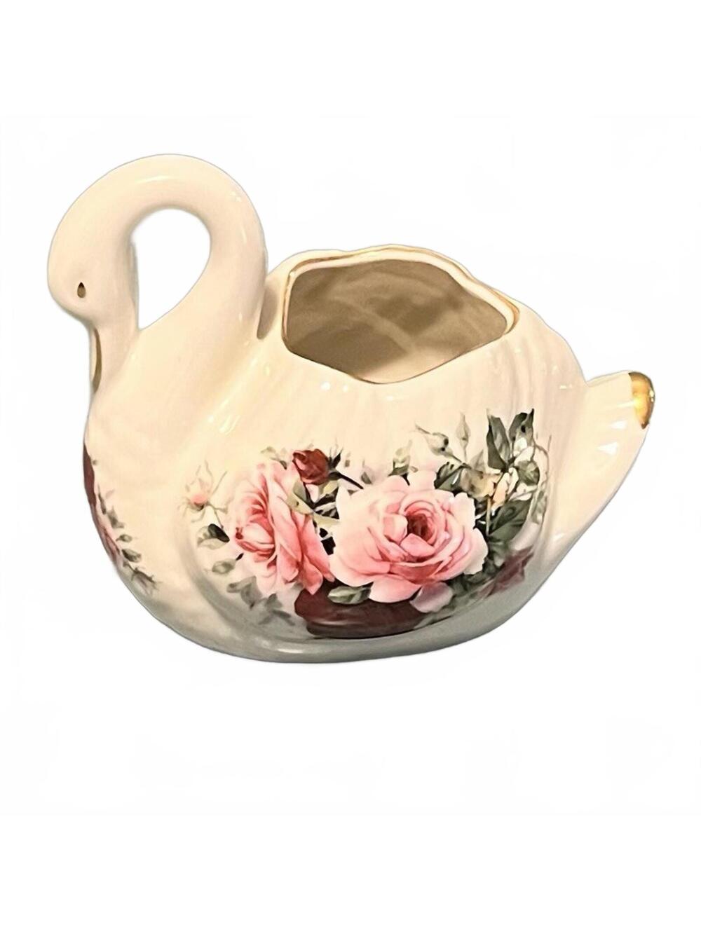 Swan Vase Planter Formalities Baum Brothers Porcelain Red Roses Trinket Dish